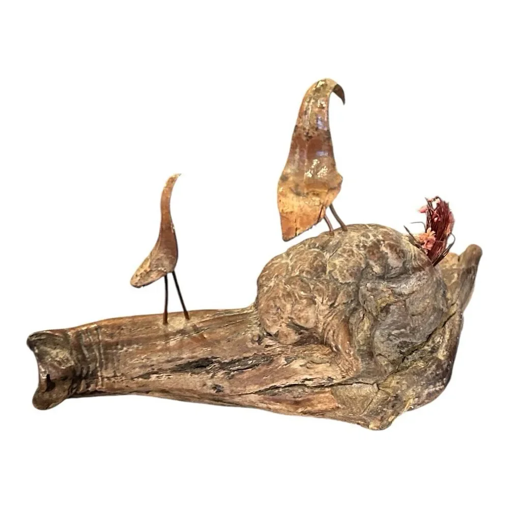 Vtg Burl Wood Driftwood Art Statue Pinecone Birds‎ Copper Wire Legs Decor
